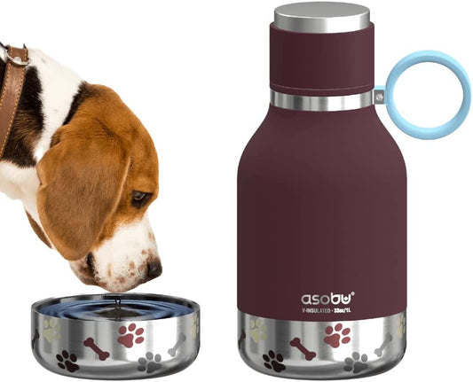 Dog Bowl Attached to Stainless Steel Insulated Travel Bottle for Human 33 Ounce (Burgundy)