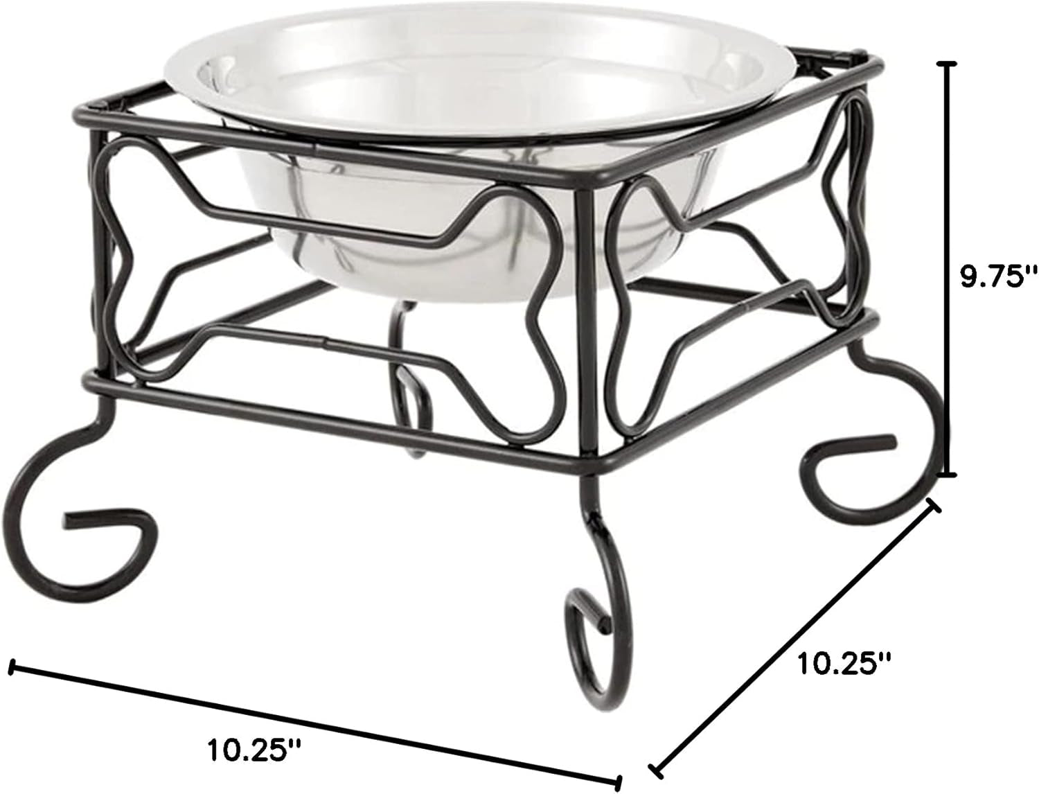 Elevated Stainless Steel Dog & Cat Bowl with Black Wrought Iron Stand, 10-Inch (10.75 Cups)