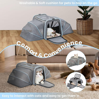 Expandable Cat Carriers Airline Approved, 16"X10"X9" Small Dog Carrier Soft-Sided Portable Washable Pet Travel Carrier with Two Extension for Kitten,Rabbit, Puppy, Small Animal